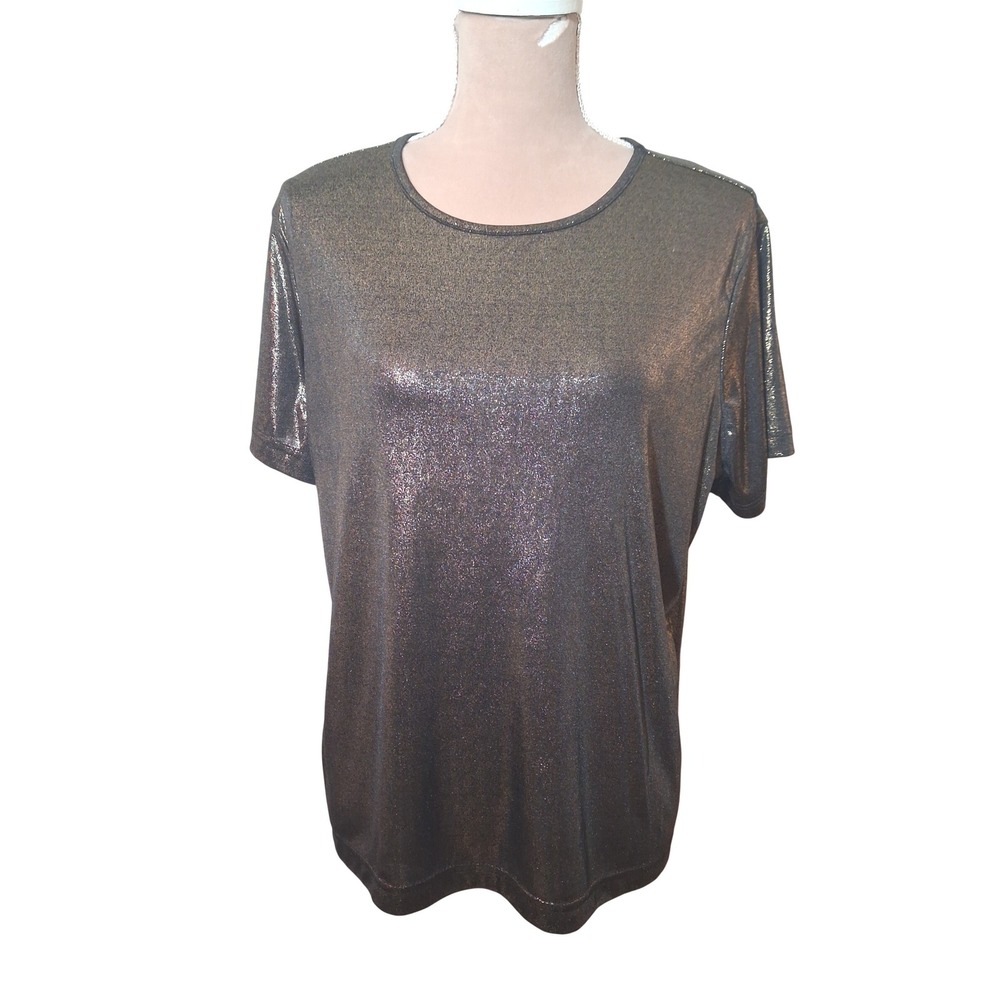 Womens Large Gold Metallic Shimmer Short Sleeve Crew Neck Top